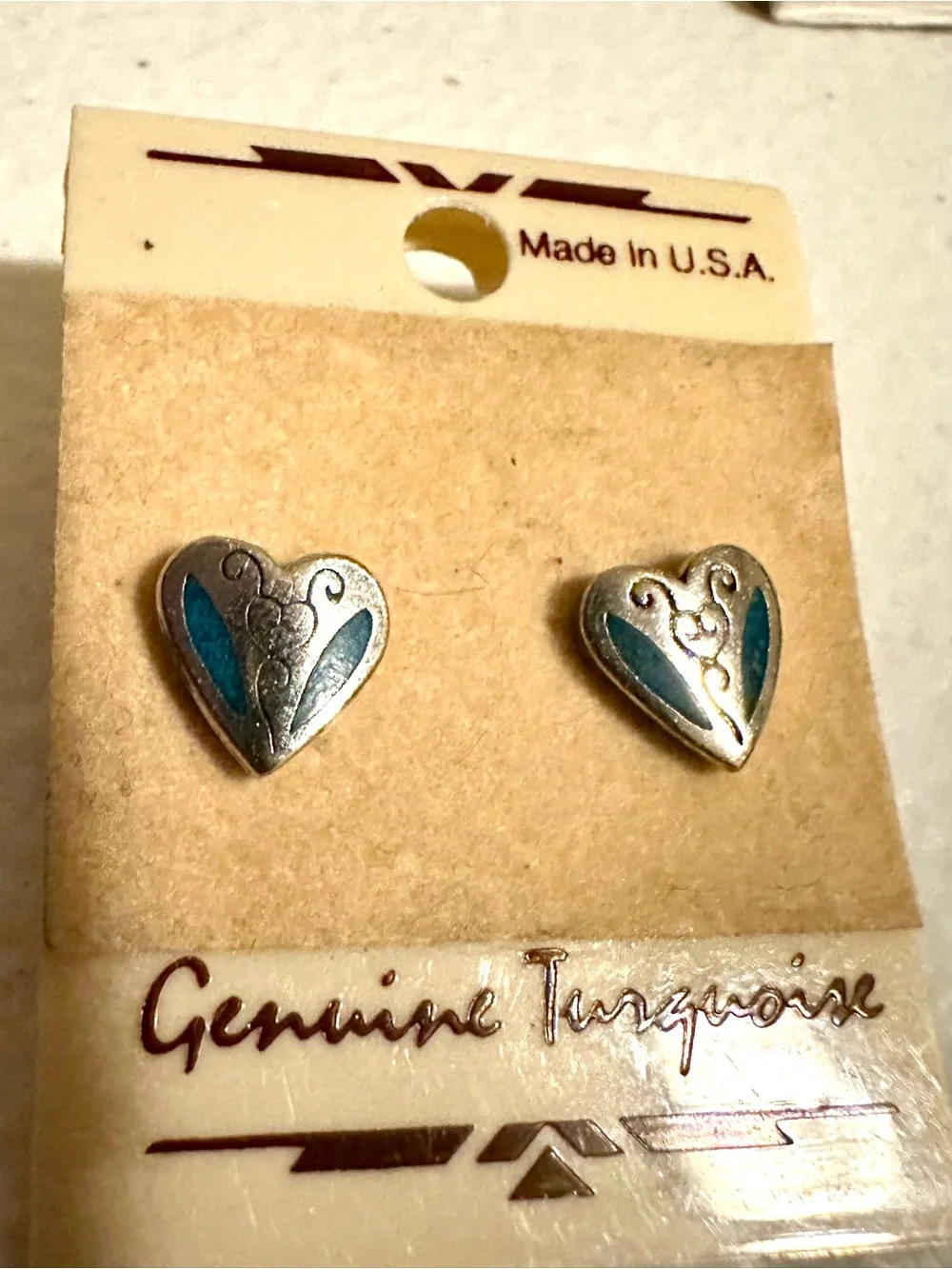 New Vintage Silver Heart Turquoise Stud Western Earrings Made in USA